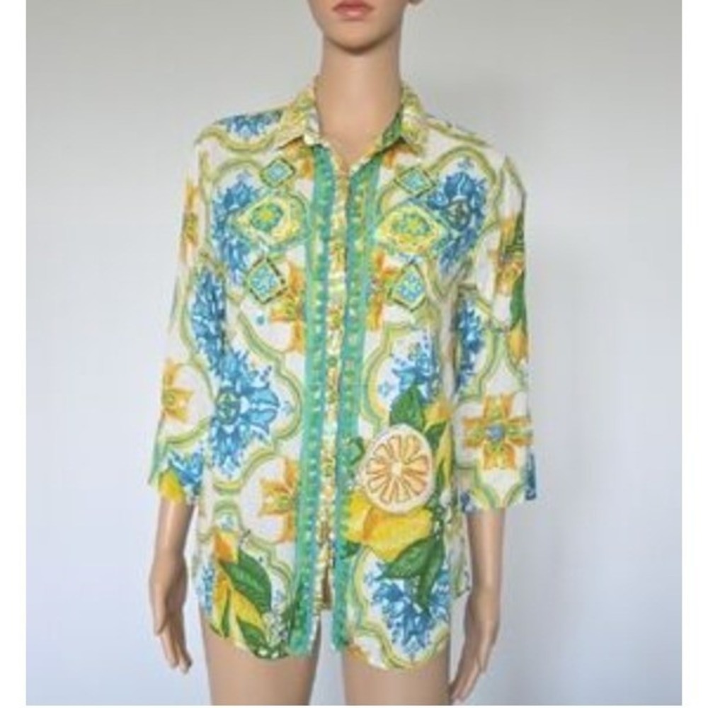 Antica Sartoria Giacomo Cinque Lemon Tile Print Beaded Shirt Cotton Italy Boho L